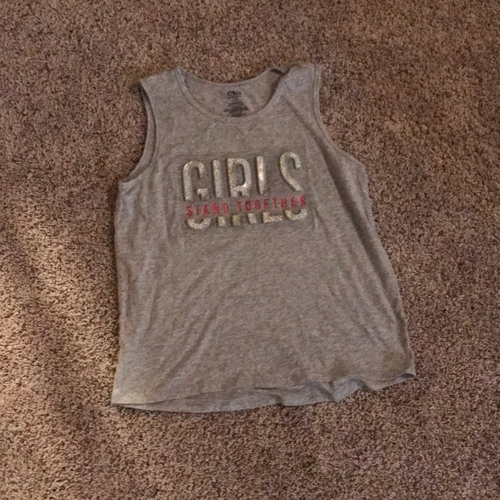 girls gray tank top that says “girls stand together” with pop out letters